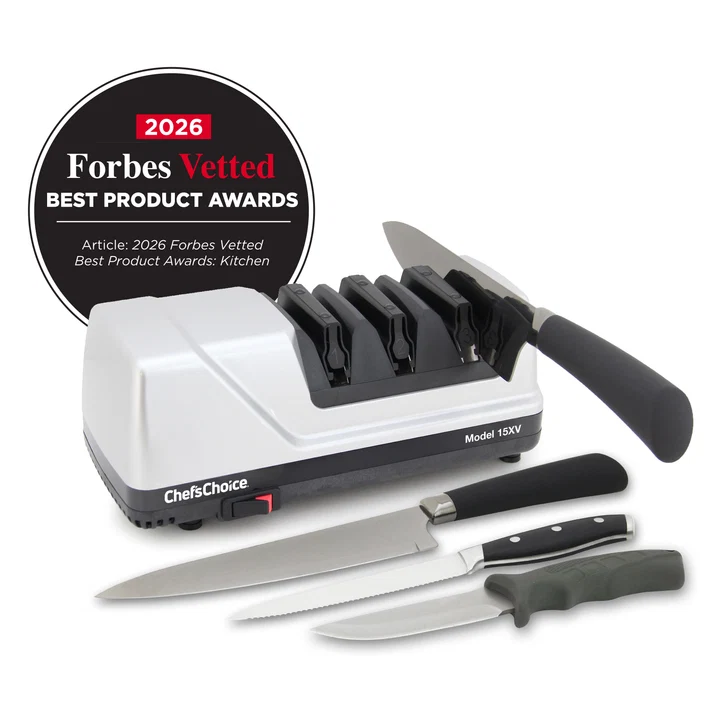 A Chef’s Choice Knife Sharpener (Model 15XV) featured alongside a 2026 Forbes Vetted Best Product Award badge and kitchen knives.