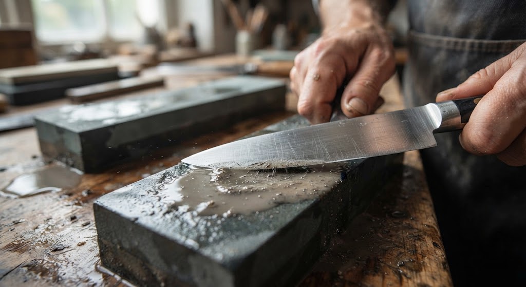 Hands sharpening a chef's knife on a wet sharpening stone grit guide surface in a workshop