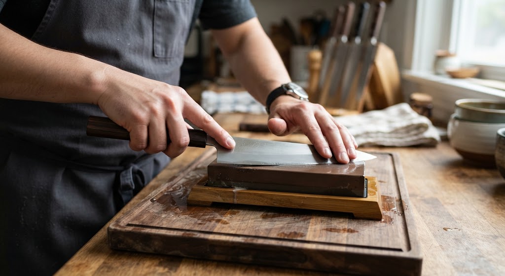 A close-up of a chef in an apron using a wet whetstone block on a wooden cutting board to achieve the ideal chef knife sharpening angle