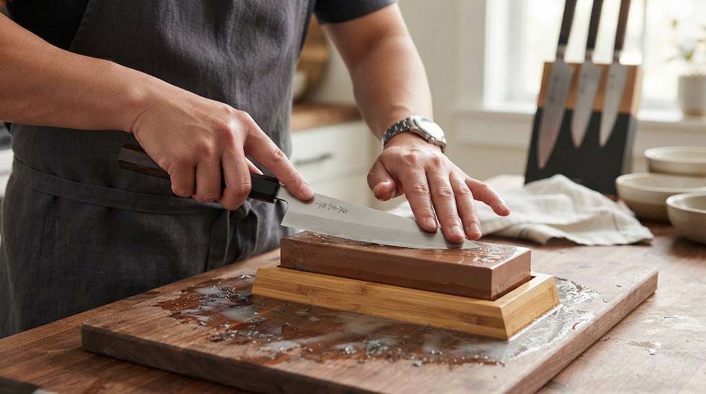 A professional chef carefully maintaining a blade on a whetstone to achieve the correct chef knife sharpening angle