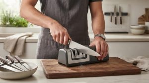 Hands sharpening a chef's knife on a wet sharpening stone grit guide surface in a workshop