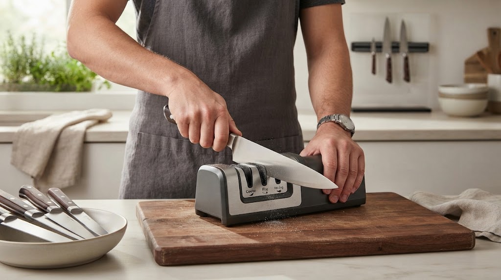 Hands sharpening a chef's knife on a wet sharpening stone grit guide surface in a workshop