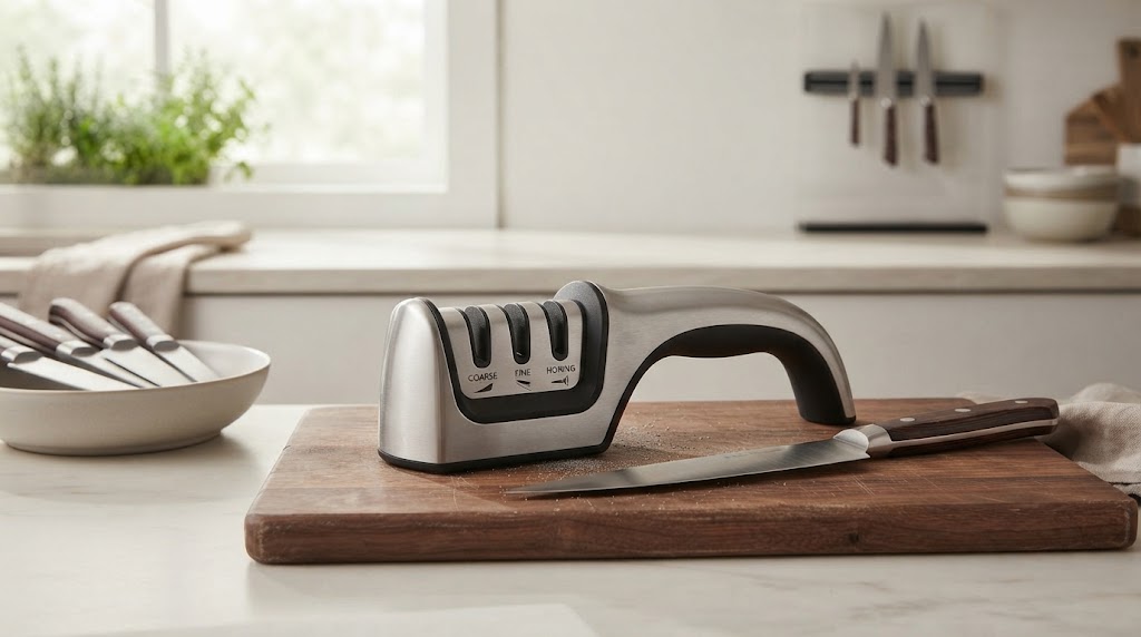 A brushed stainless steel manual knife sharpener with three slots