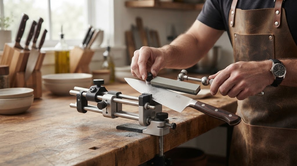 A person in a leather apron operating a professional-grade, guided knife sharpening system to hone a stainless steel chef's knife.