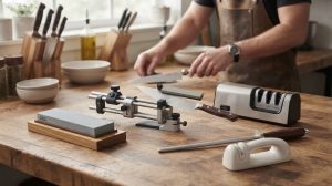 A collection of the best kitchen knife sharpeners, including a precision guided system, electric sharpener, and whetstone, arranged on a wooden counter with a chef in the background.