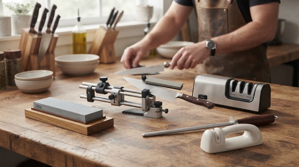 A collection of the best kitchen knife sharpeners, including a precision guided system, electric sharpener, and whetstone, arranged on a wooden counter with a chef in the background.