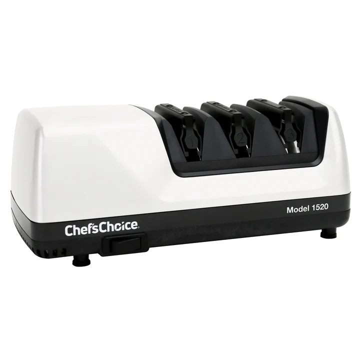 A white and black Chef’s Choice Knife Sharpener (Model 1520)
