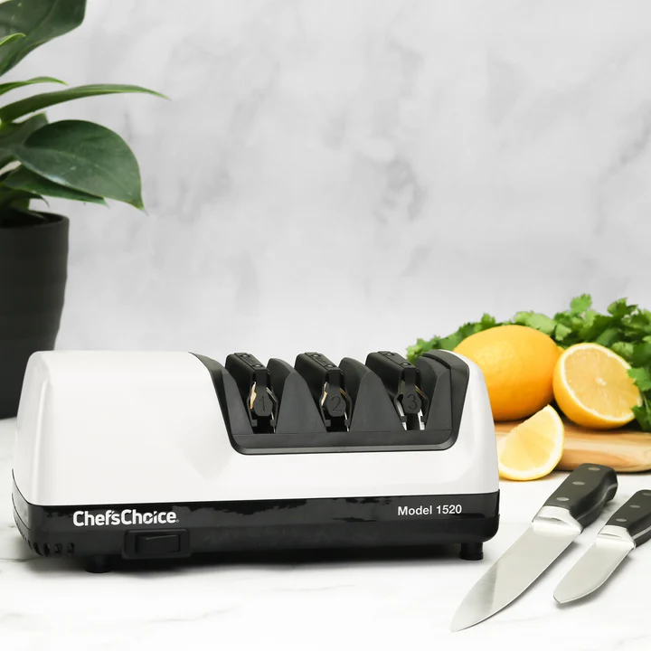 A Chef’s Choice Knife Sharpener (Model 1520) on a white kitchen counter